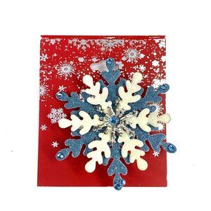 Holiday Sparkling Snowflake Pin Blue & White 2.5" NWOT